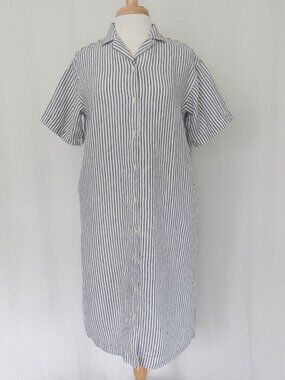 MUJI 100% Linen Nautical Stripe Shirt Dress Pockets Blue White size Medium/Large